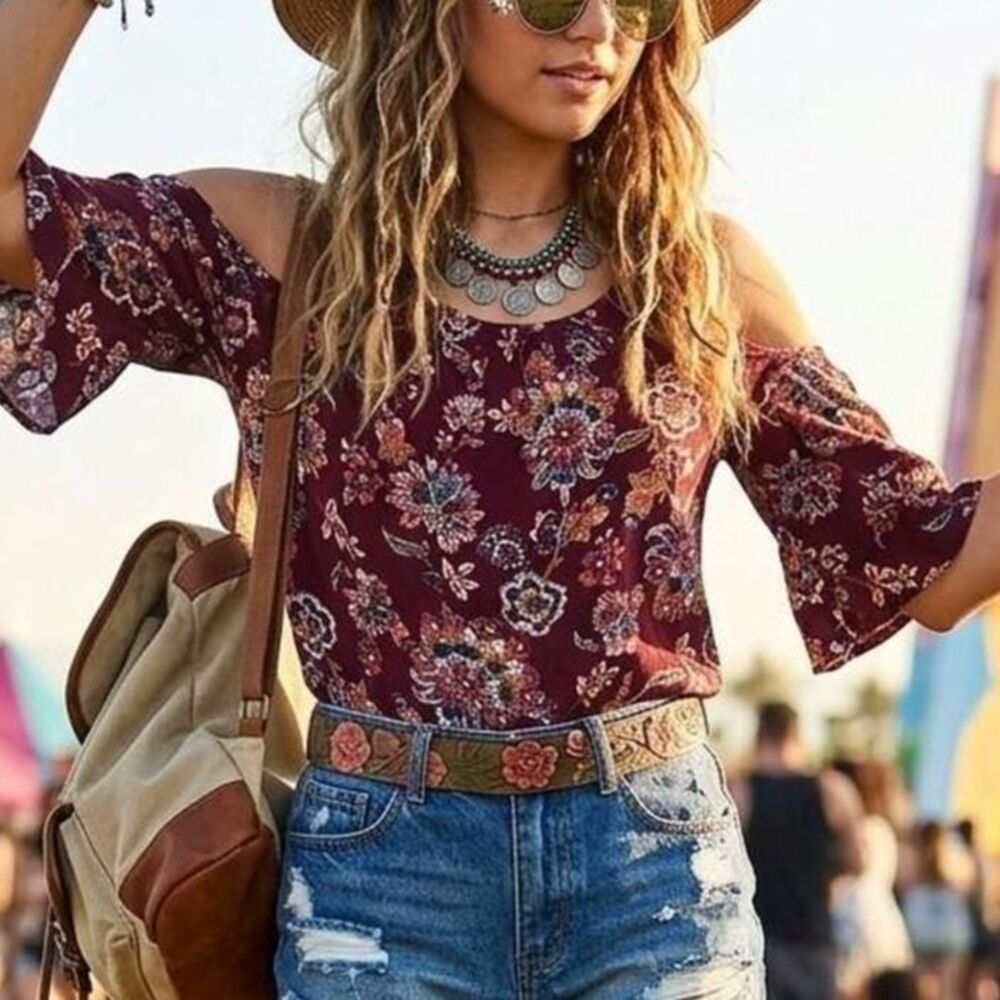 Floral Cold-Shoulder Boho casual style XS flowy festival flared bell sleeves